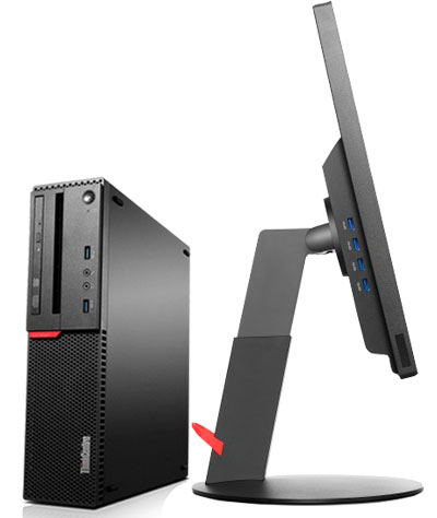 A Lenovo ThinkCentre M700 SFF, angled slightly to the left. Next to it on the right is side view of an LCD monitor, with four USB Type-A ports on the left side   
